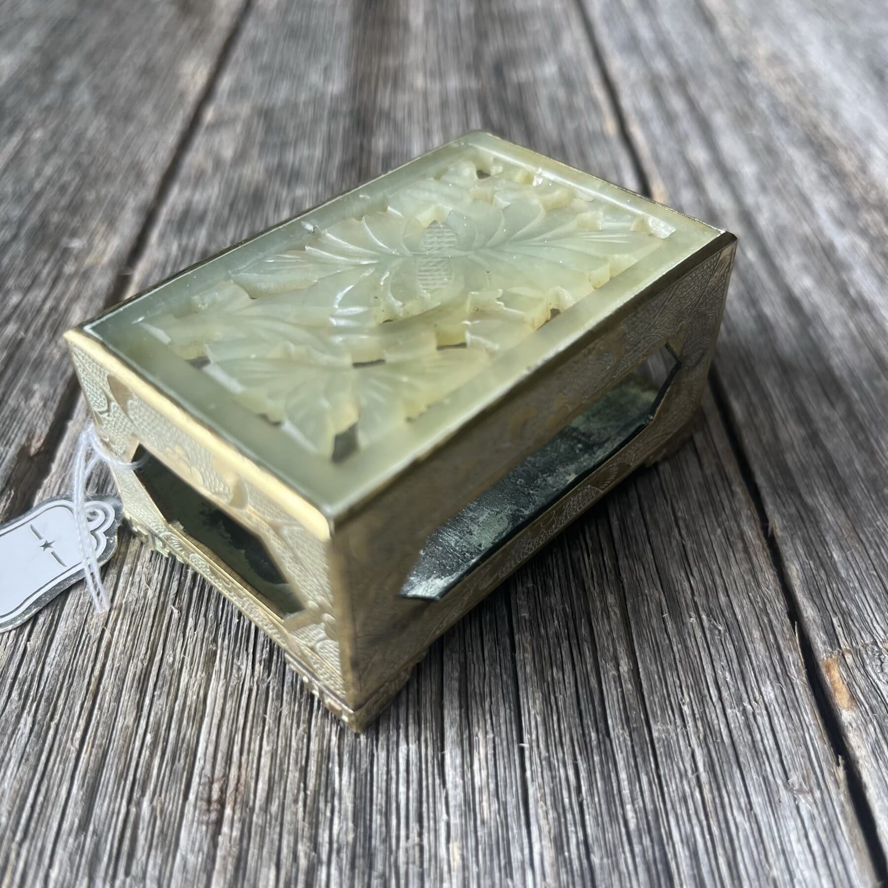 Chinese brass and hard stone match box holder, c. 1920