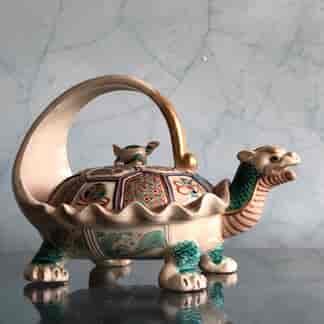 Japanese Satsuma tea kettle, rare ‘Minogame’ Turtle form , signed  Makuzu Kozan , c. 1900