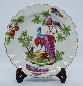 Worcester plate, exotic 'Chelsea' birds, James Giles, red anchor