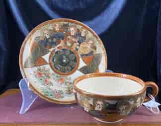 Japanese Satsuma pottery cup & saucer, enlightened scholars, c1890