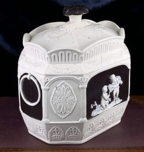 Chetham & Woolley drybody sucrier, brown ground white sprigged children, c. 1800