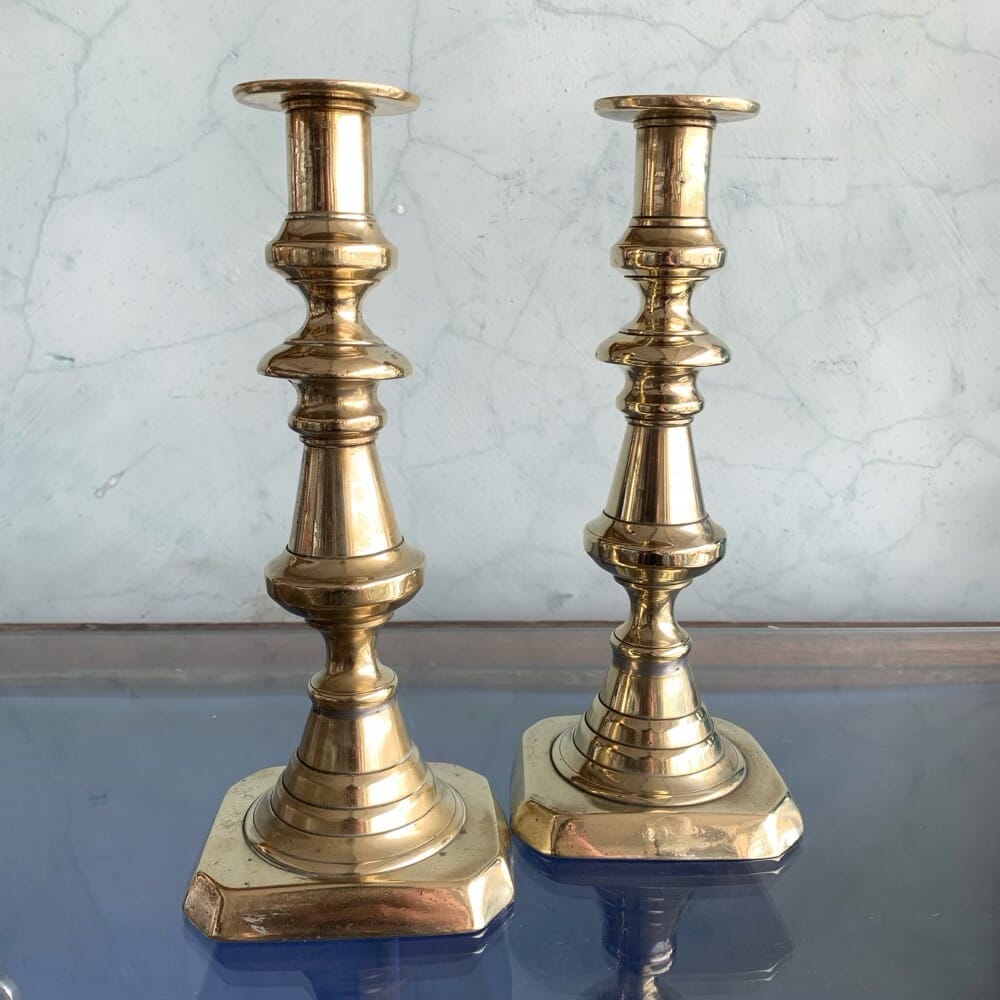 Pair of Victorian brass candlesticks, square bases, c.1850