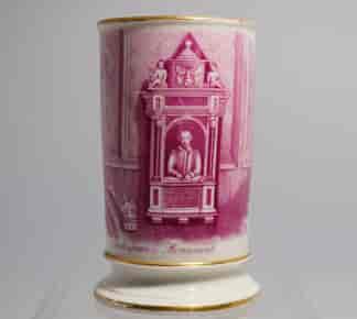'Shakespeare's Monument' spill vase, puce print, Hilditch & Hopwood c. 1850