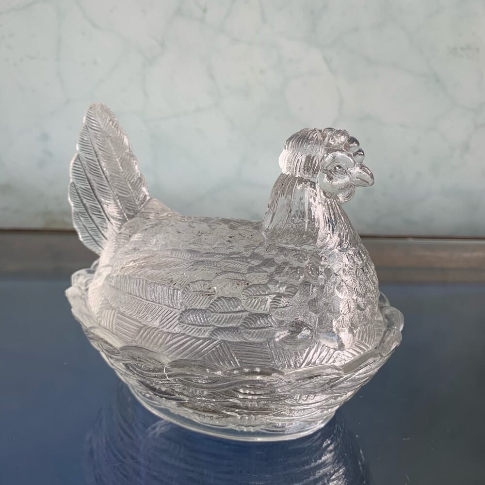 Pressed glass box, chicken on basket, c. 1900 – Moorabool Antique Galleries