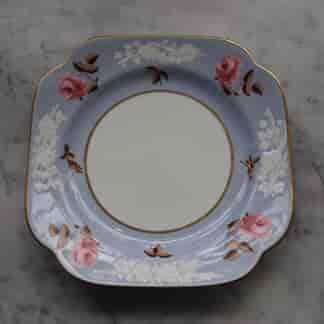 Spode (Copeland) cake plate, embossed flowers, hand painted roses on blue ground, c. 1895
