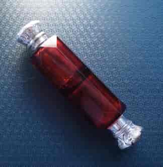 Victorian ruby glass double ended perfume with silver mounts, c. 1870