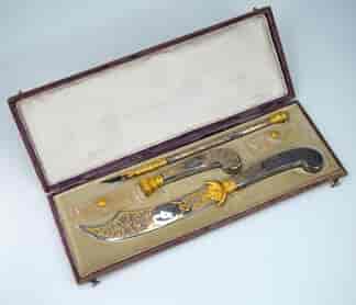 Steel deskset with fine Baroque engraving, boxed, Mosley of London c.1860
