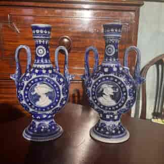 Pair of German blue salt glazed vases in baroque style, c. 1880