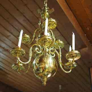 Large Dutch style brass light fitting, eagle finial, 19th century