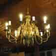 Large brass Dutch style chandelier, 12-arm electrified