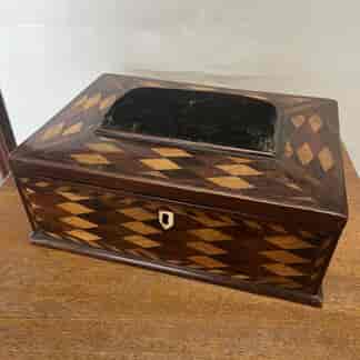 Colonial exotic timbers workbox with pincushion, mid 19th C