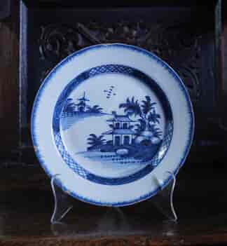English delft plate, Chinese pagoda pattern, attr. Lambeth C.1785