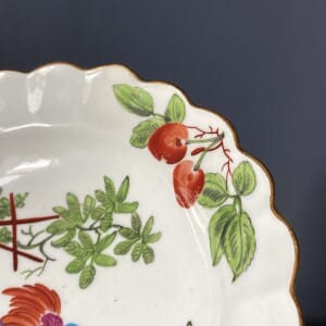 Worcester plate, exotic 'Chelsea' birds, James Giles, red anchor