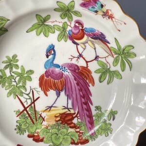 Worcester plate, exotic 'Chelsea' birds, James Giles, red anchor