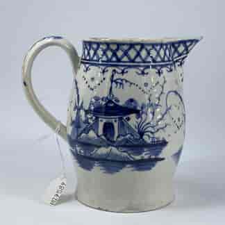 English pearlware jug with underglaze blue Chinoiserie scenes, attr. Liverpool c. 1780