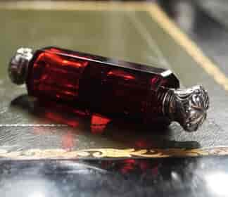 Victorian ruby glass double-ended scent bottle, sterling silver caps, c. 1880