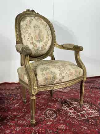 Louis XVI style giltwood fauteuil 'à la Reine' with chinoiserie silk upholstery, c.1860