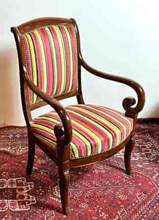 French Empire mahogany fauteuil, green & pink striped upholstery, c.1850