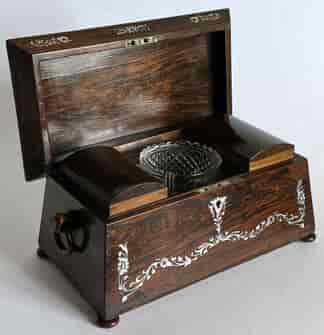 William IV Rosewood tea caddy with pearl inlay, original canisters, cut glass mixing bowl, c. 1835