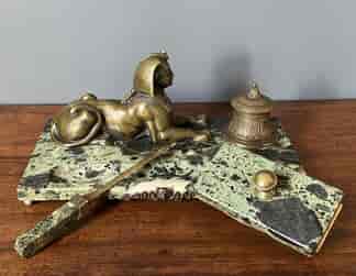French bronze sphinx desk set, mounted on green marble, c.1890