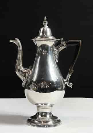 Old Sheffield Plate coffee pot with angular wooden handle and flame knop, c.1775