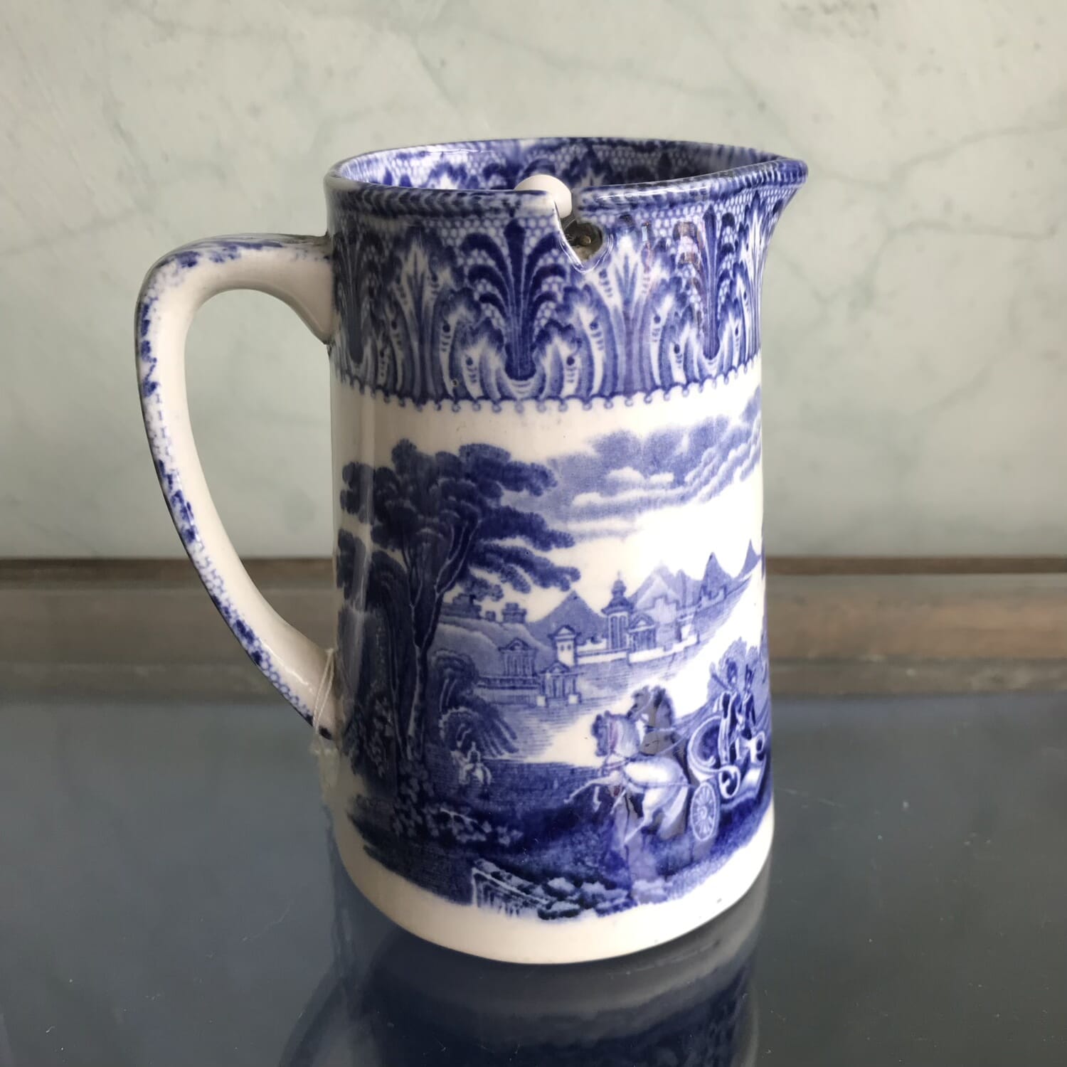 Cauldon hot milk jug, blue & white scene & integral pewter lid, c.1930 ...