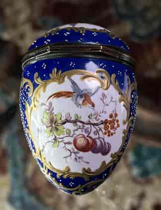 Large enamel egg box, fruit, birds & mazarine blue, French c.1870