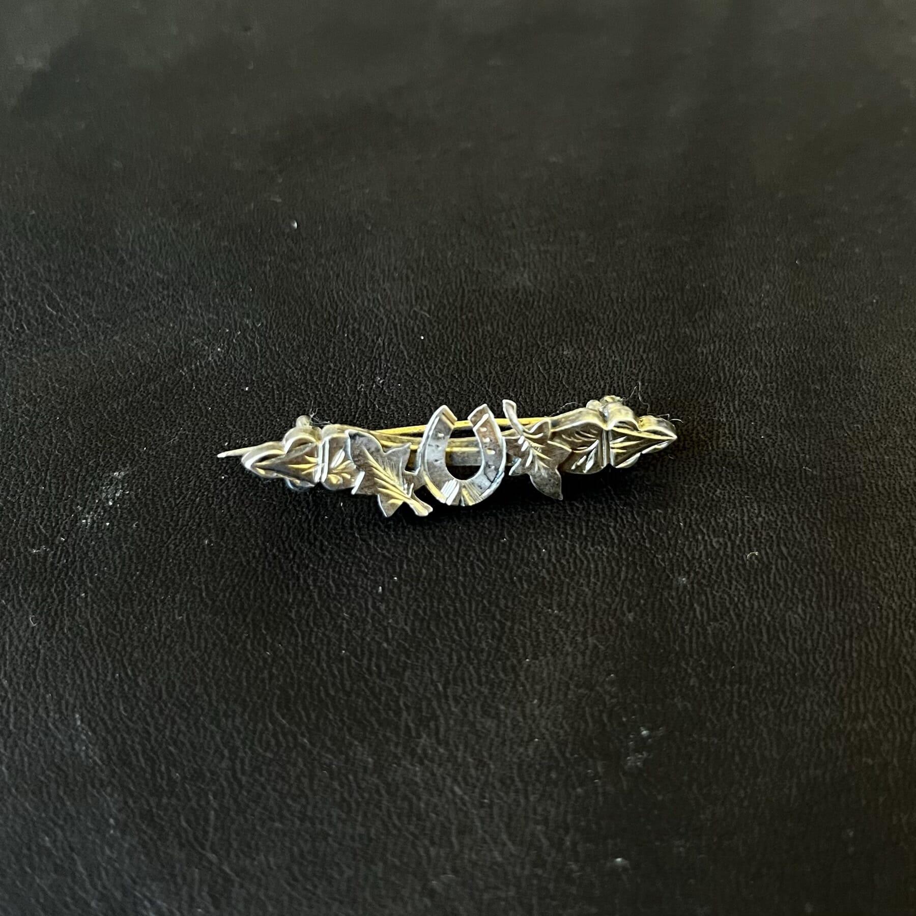 Victorian gilt bar brooch with horseshoe and leaves, c. 1880