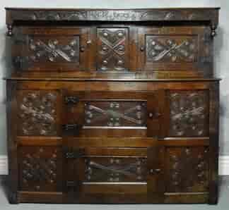 Large Welsh Oak Cwpwrdd Deuddarn cupboard, superb patina, carved date 1694