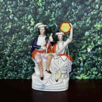 Staffordshire group, musical couple playing the mandolin & tambourine, c. 1860