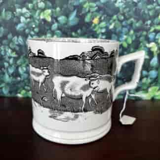 Victoria Pottery large mug, 'Cattle' pattern print in black, c. 1898