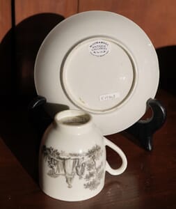 Worcester cup & saucer, Hancock 'Tea Party' print in black, c