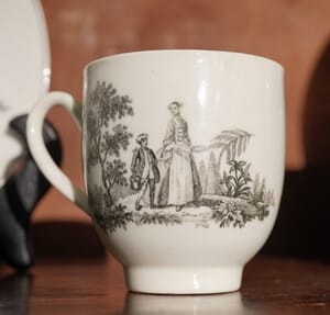 Worcester cup & saucer, Hancock 'Tea Party' print in black