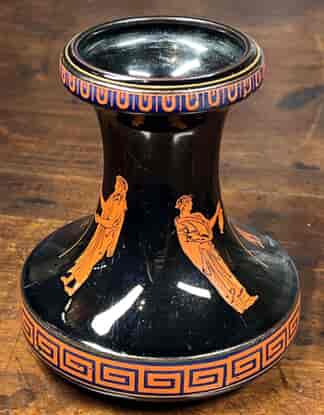 Greek-style pottery vase, jetware glaze, printed red Greek figures, c.1850