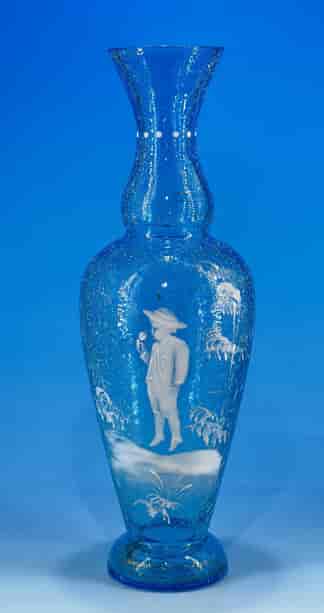 Victorian blue crackle Mary Gregory vase with scene of a young boy with a candy apple, c.1880