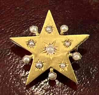 French 18k gold star-burst brooch with seed pearls, c.1895