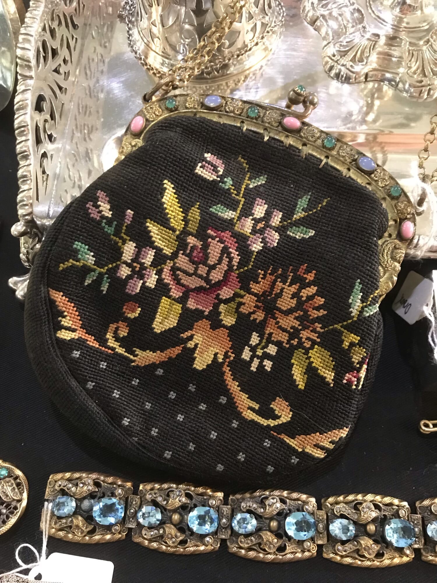 French silk lined tapestry purse with jewelled clasp and interior mirror, c.1900