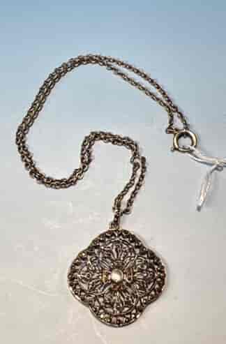 French silver marcasite and mother of pearl filigree pendant on chain, c.1920