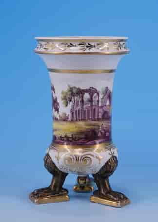 Grainger's Worcester Porcelain spill vase, ruined abbey landscape, bronzed griffin tripod legs, c.1815