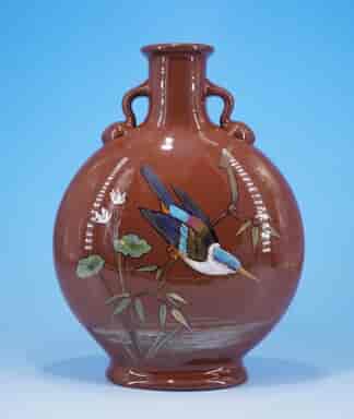 Minton Kensington Art Pottery moon flask, barbotine kingfisher & yellow bird, 1871