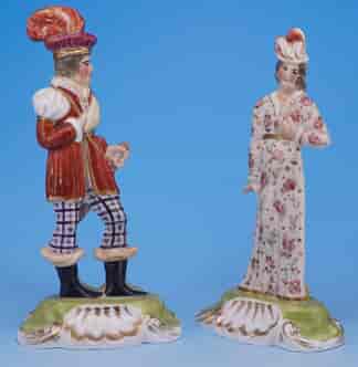 Rare pair of English Porcelain Theatrical 'chimney-ornament' figures, Madame Vestris? c. 1825