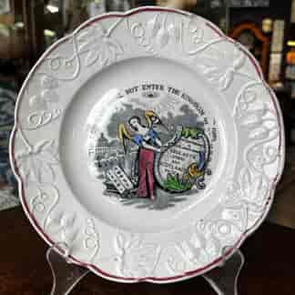 English pottery Child's plate, with clobbered temperance print, c.1850