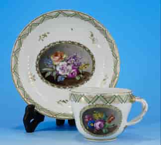 Vienna cup & saucer, superb flower panels in gilt & green borders, c. 1785