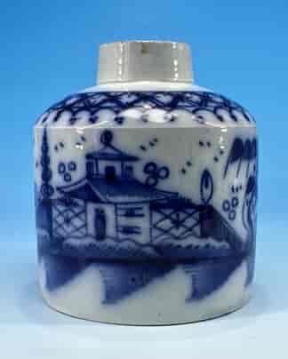 Pearlware tea canister, handpainted Chinoiserie landscape, attr. Heath, c. 1790