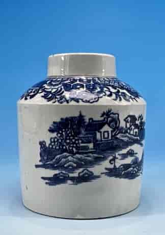 Pearlware tea canister, printed Chinoiserie island scene, c.1770