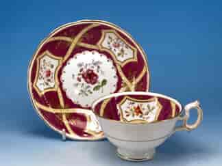 English porcelain cup & saucer, claret a ground with flower panels,C 1830