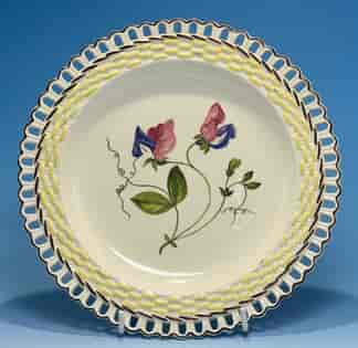 Wilson Creamware pierced basket rim plate, botanical 'Pea', c. 1800