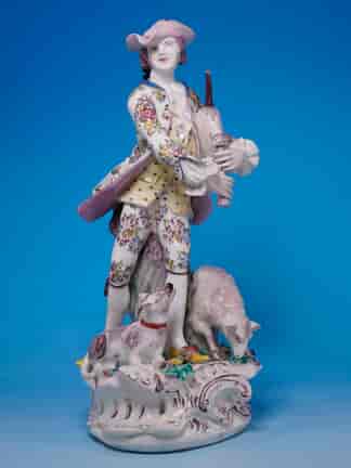 Rare large Bow figure of a shepherd with bagpipes, after Meissen, c. 1755