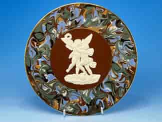 Rare Fradlay Art Pottery plaque, marbled slip with white sprigged classical figures, c.1870