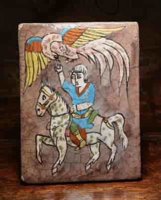 Persian Qajar Dynasty tile, horseman & huge bird, 'Simurgh', later 19thc.